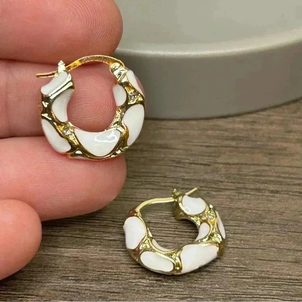 18K Gold Plated White Enamel Hoop Earrings with Little Rhinestone Accents - Picture 2 of 4